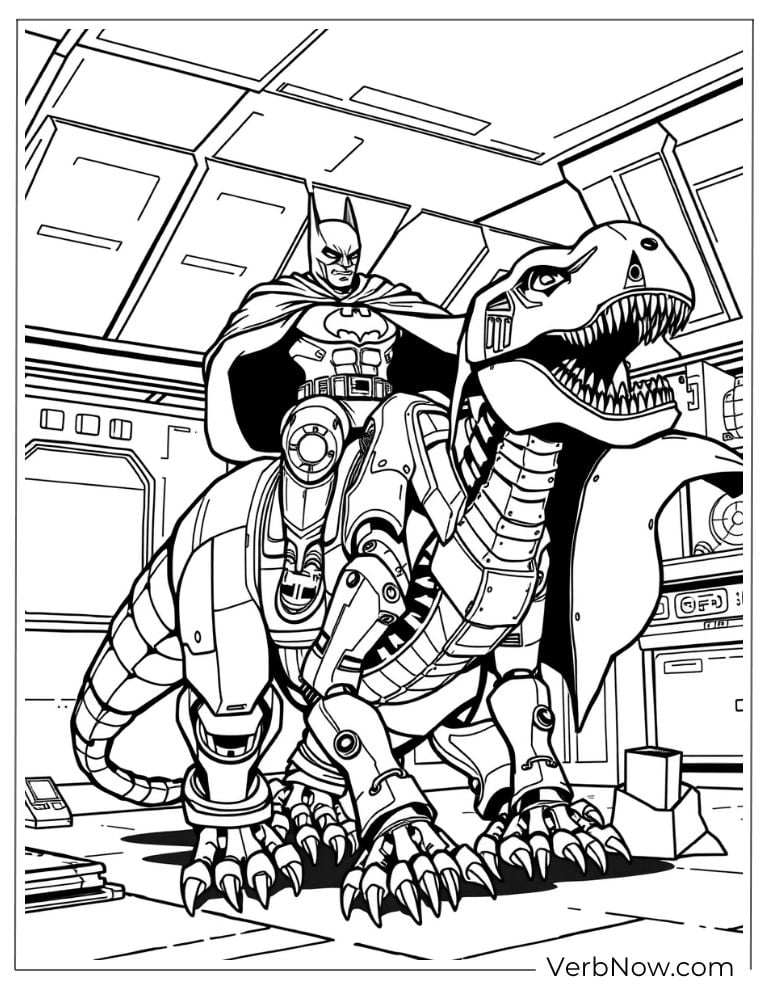 Batman rides robotic T-Rex coloring page