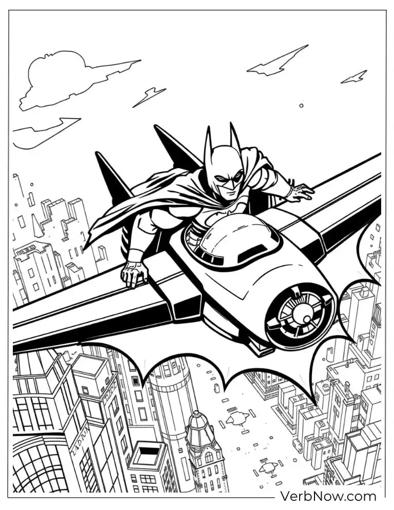 Batman flying Batjet over Gotham coloring page