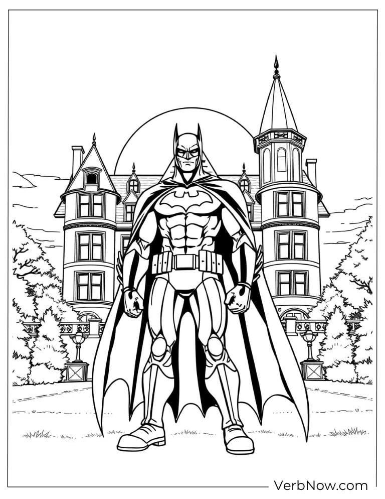 Batman stands in front of Wayne Manor coloring page