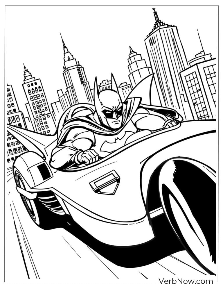 Batman drives Batmobile fast through city coloring page