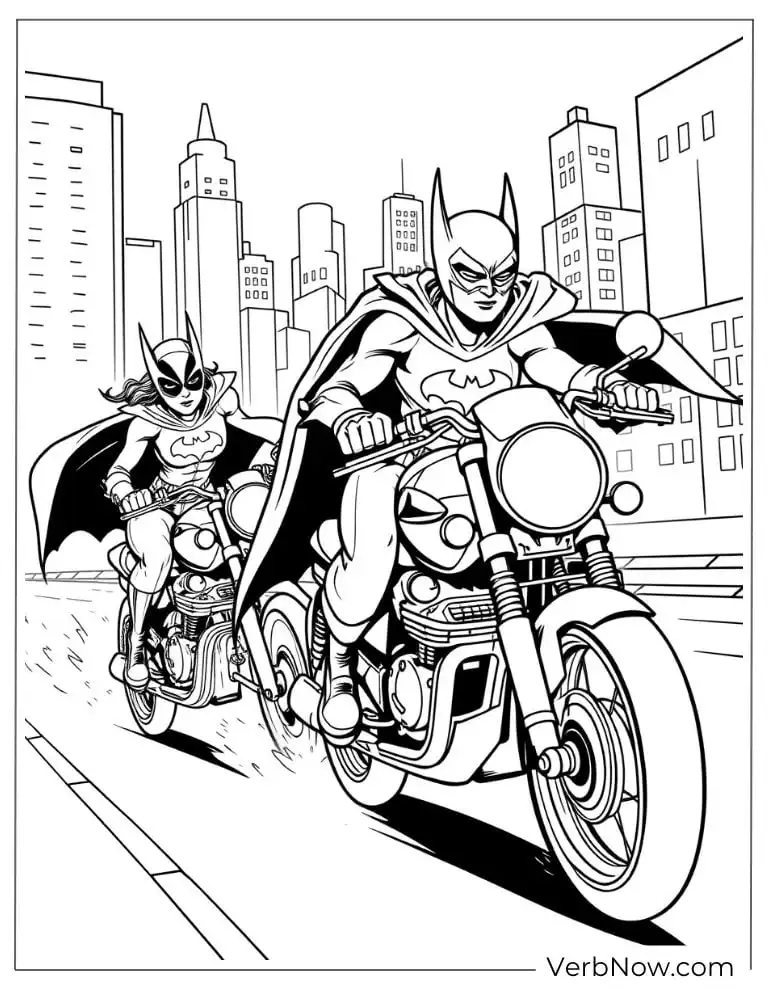 Batman and Robin ride a motorcycle coloring page