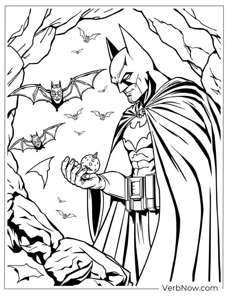 Batman with bats in a dark forest coloring page