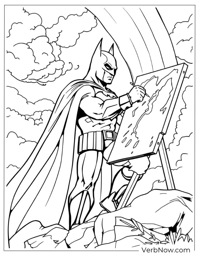 Batman paints landscape on mountain coloring page