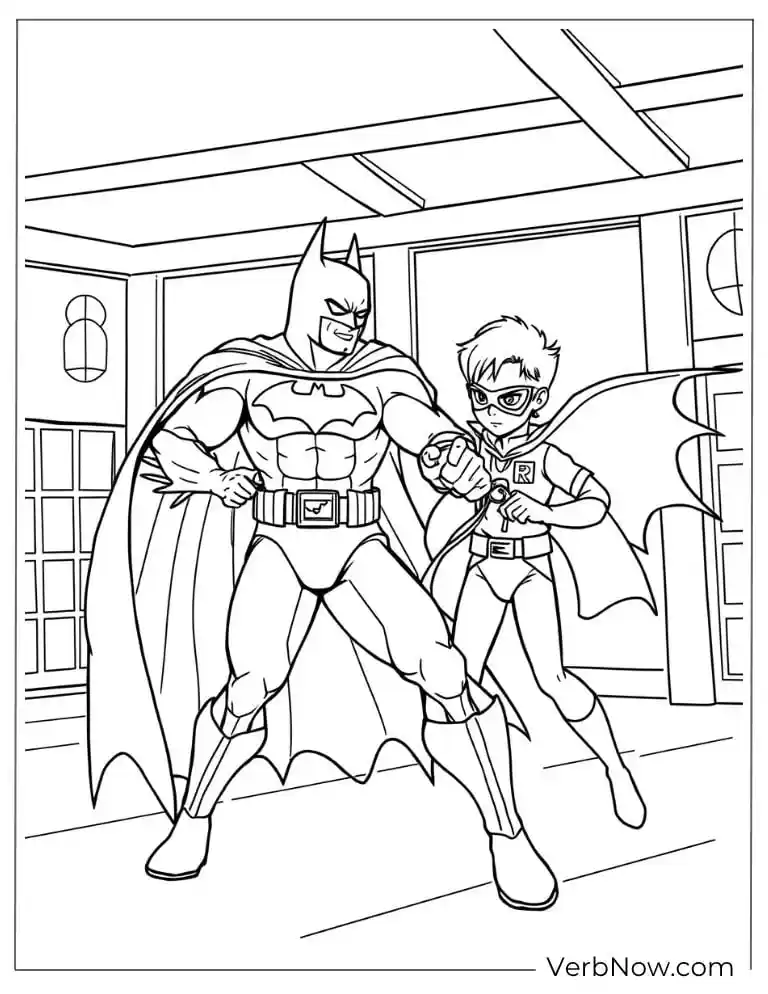 Batman with young sidekick in Batcave coloring page
