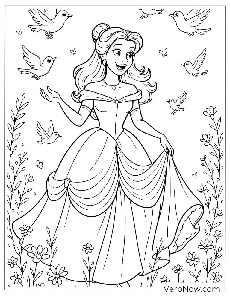 Belle smiling with birds and flowers