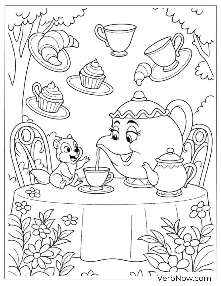 Mrs. Potts and Chip having tea coloring page