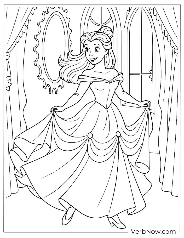 Belle twirling in front of a mirror