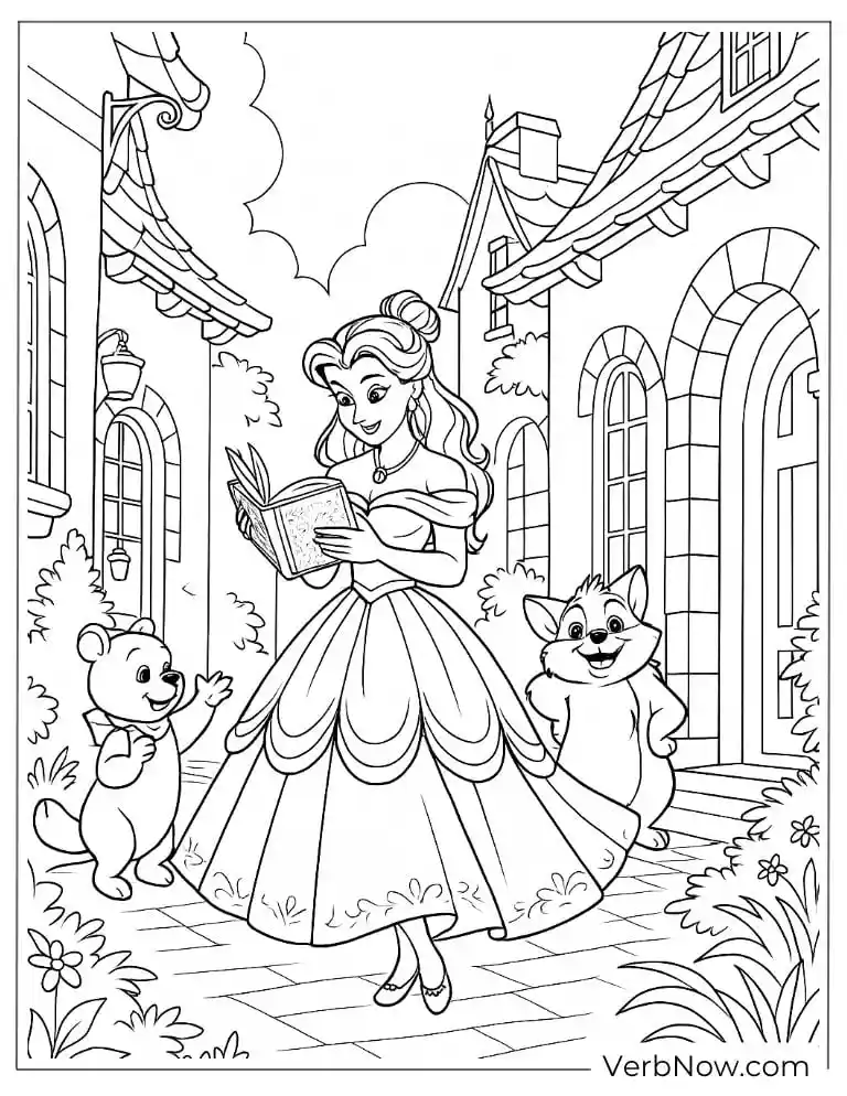 Belle reading with animals in the village