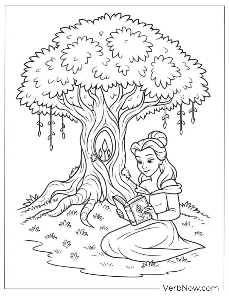 Belle reading under a tree coloring page