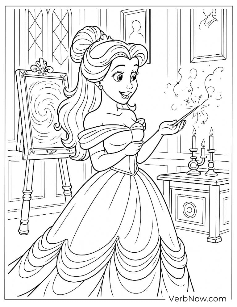 Belle casting a spell in castle coloring page