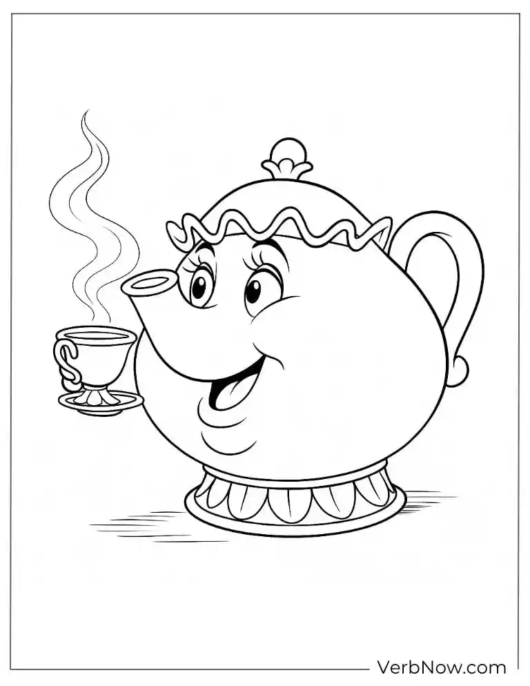 Coloring page of Mrs. Potts serving tea