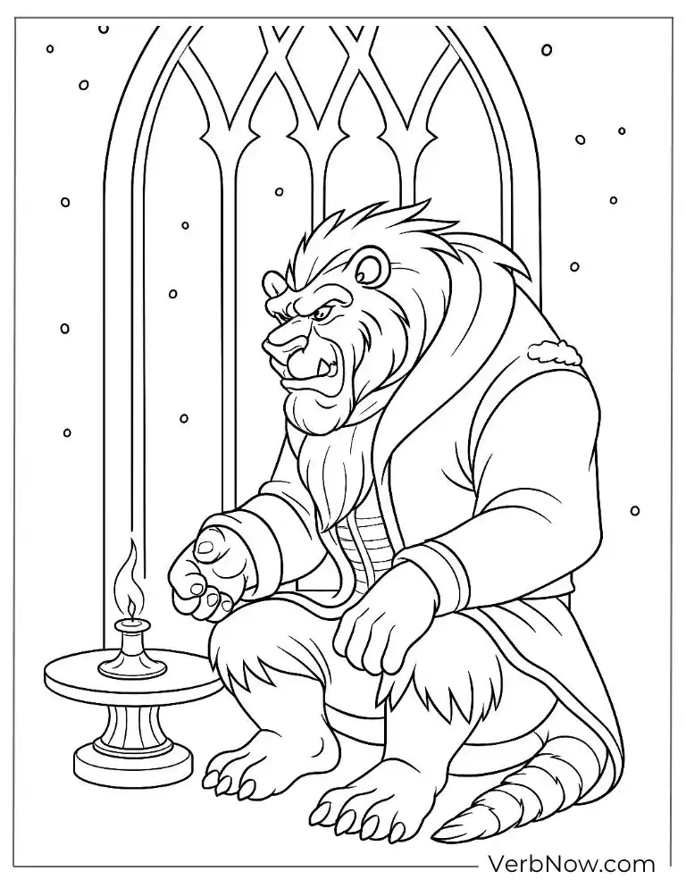 Beast sitting sadly in the room coloring page