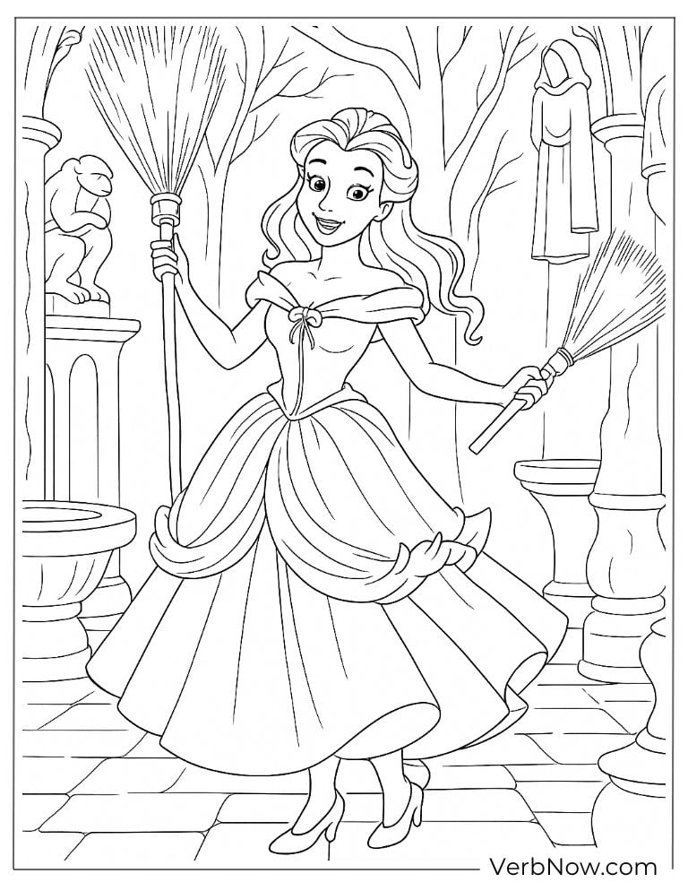 Belle sweeping in the castle coloring page