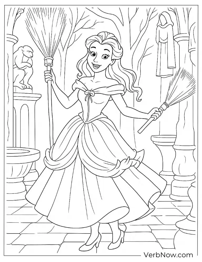Belle sweeping in the castle coloring page