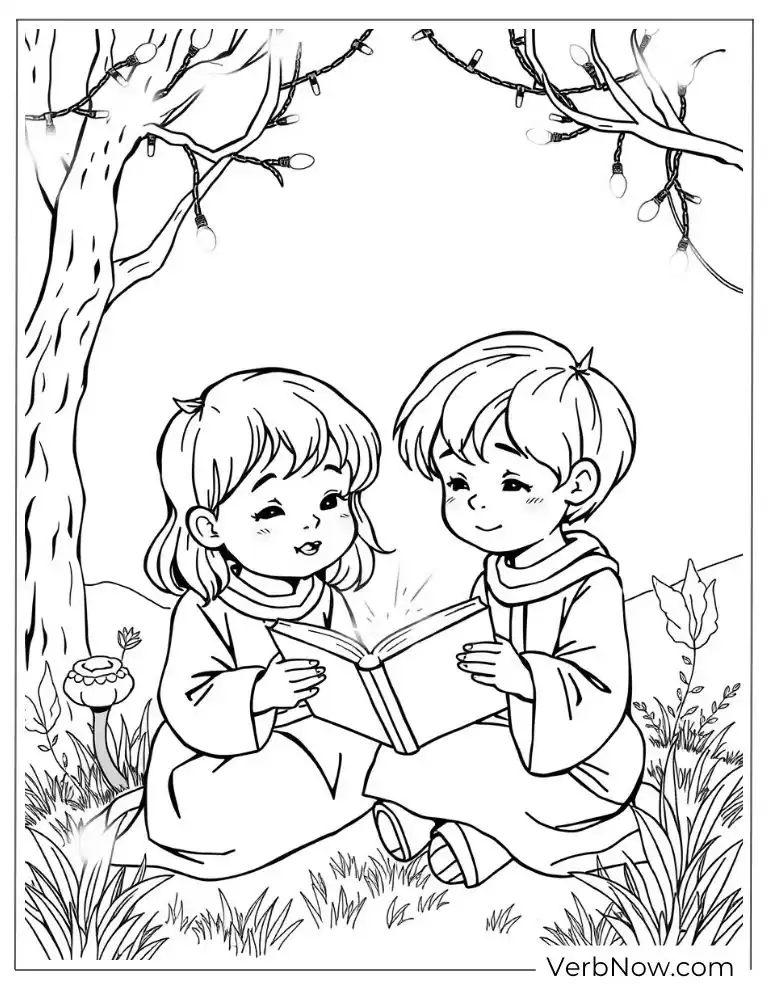 Two children reading Bible coloring page