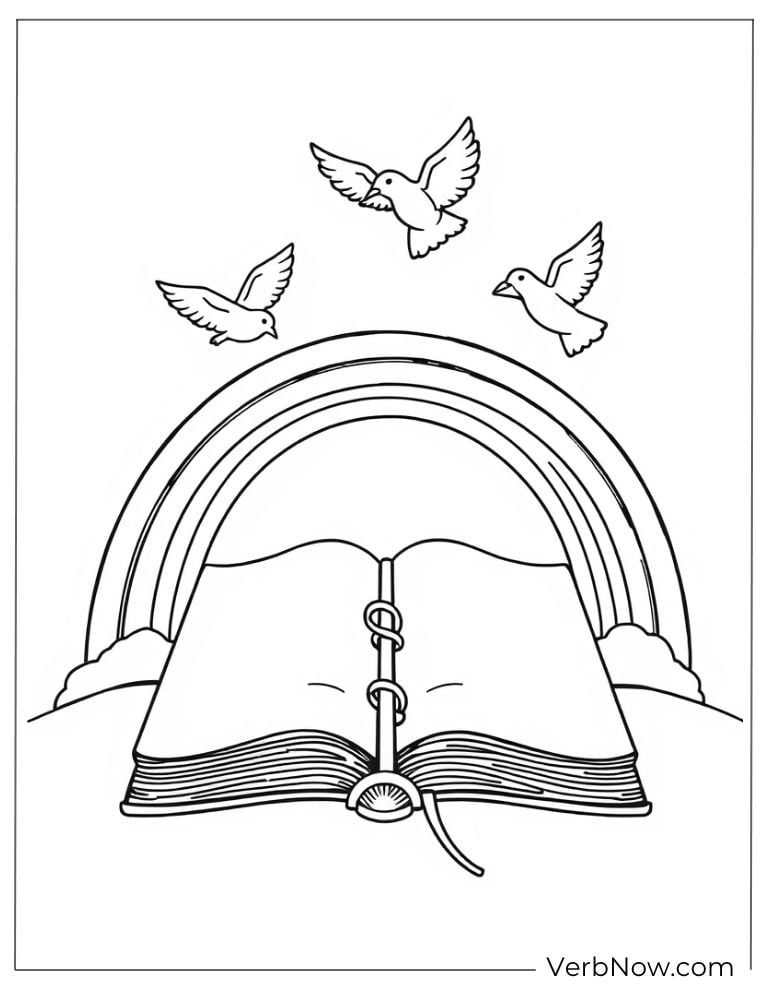 Bible under a rainbow with flying doves