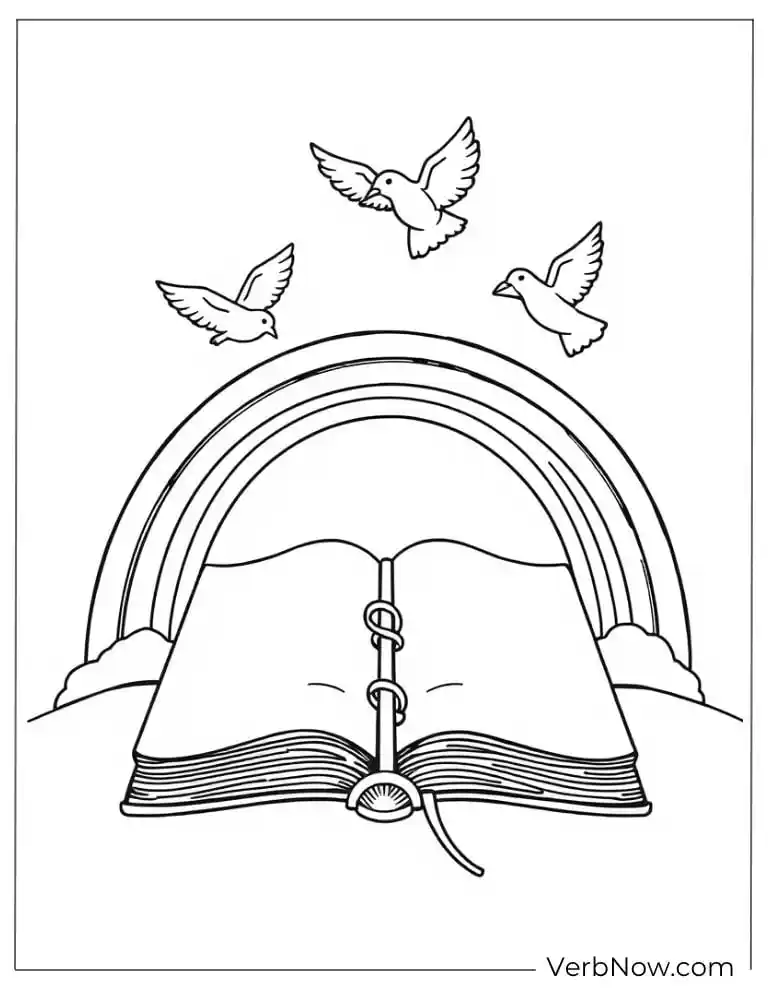 Bible under a rainbow with flying doves