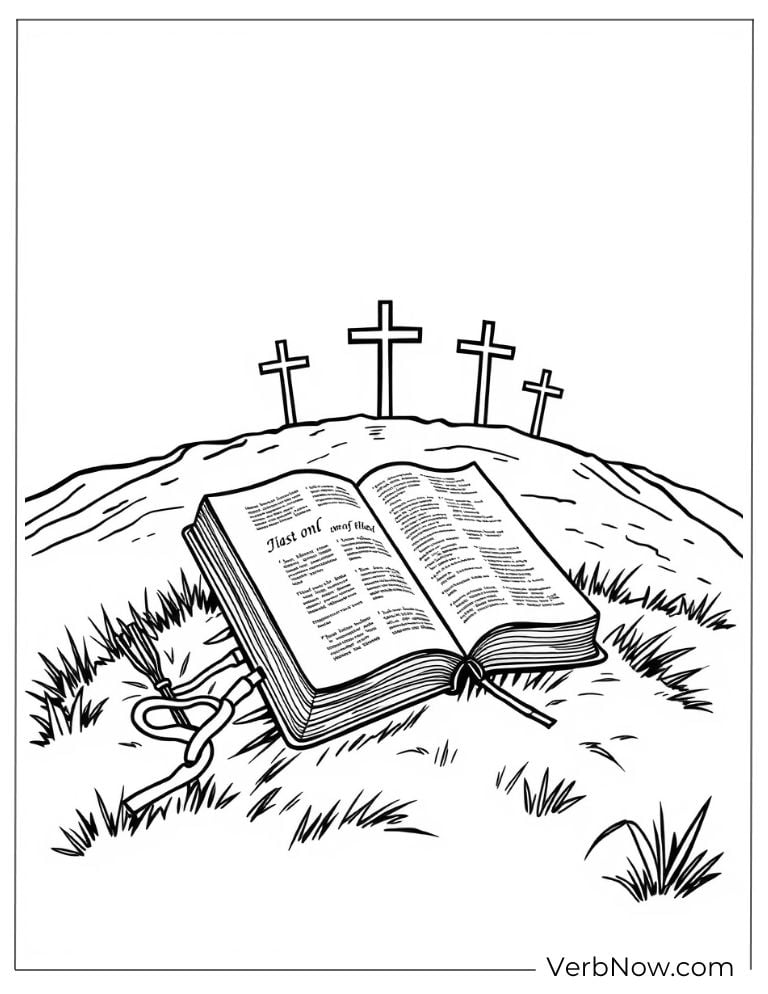 Bible lying on grass with three crosses