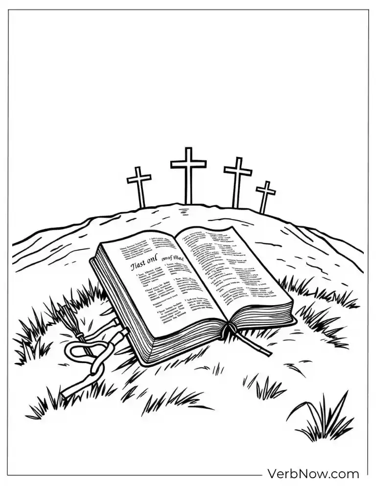 Bible lying on grass with three crosses