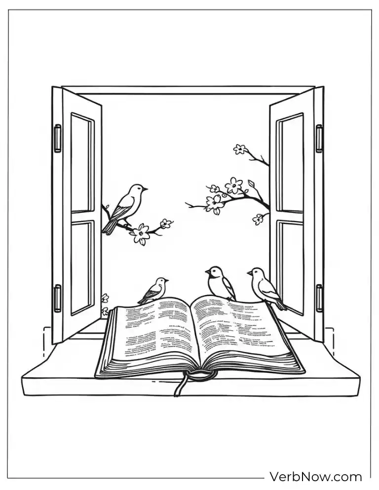 Bible on a window sill with birds flying outside