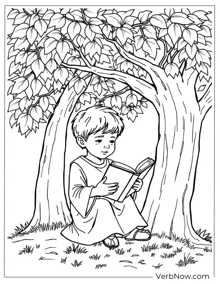 Boy sitting under a tree reading the Bible