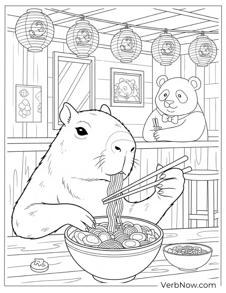 Slurping noodles in a fun capybara coloring page