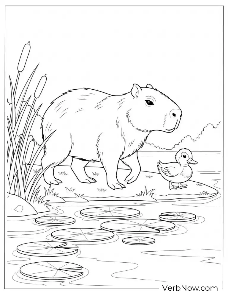 In a pond of lily pads capybara coloring page