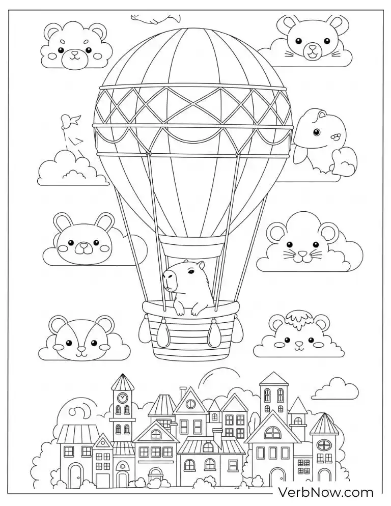 Flying above a village in a hot-air capybara coloring page