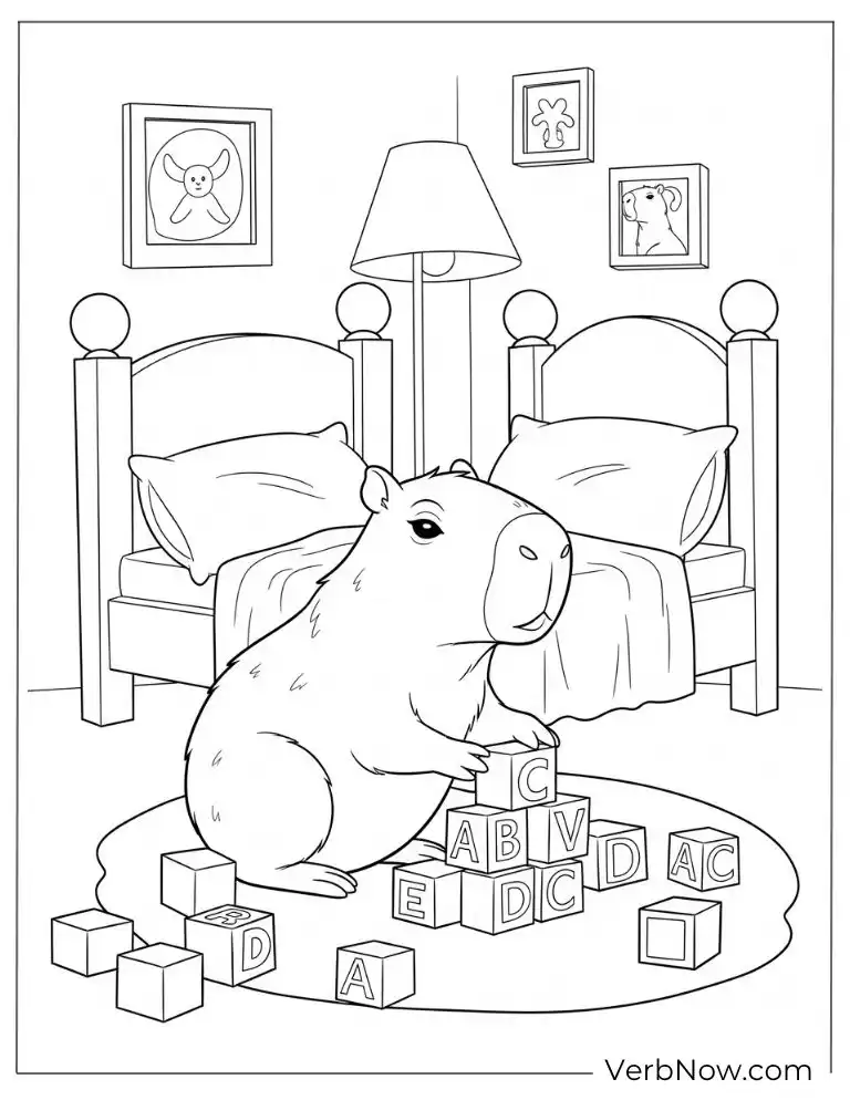 Playing with blocks in a bedroom capybara coloring page