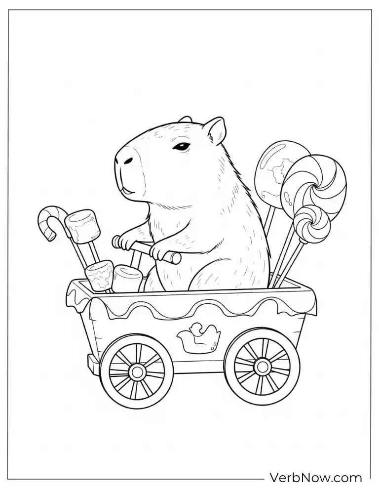 Pushing a cart with a squirrel capybara coloring page