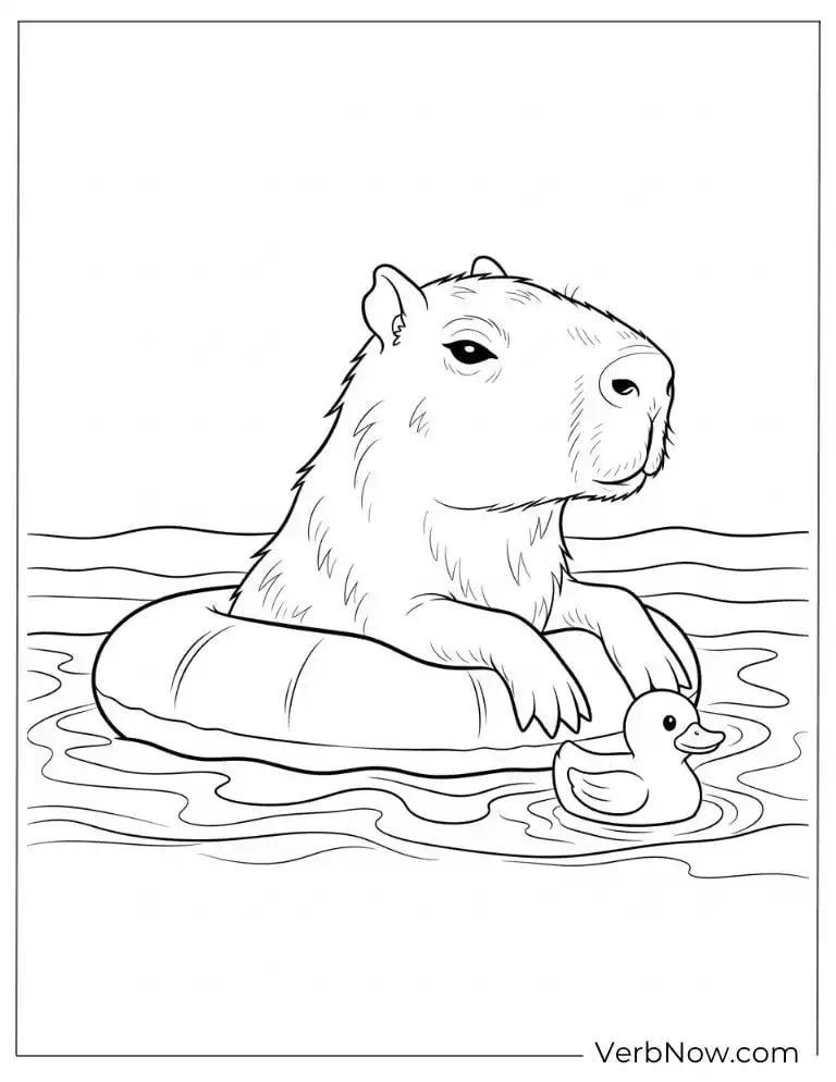 Floating in water in a relaxing capybara coloring page