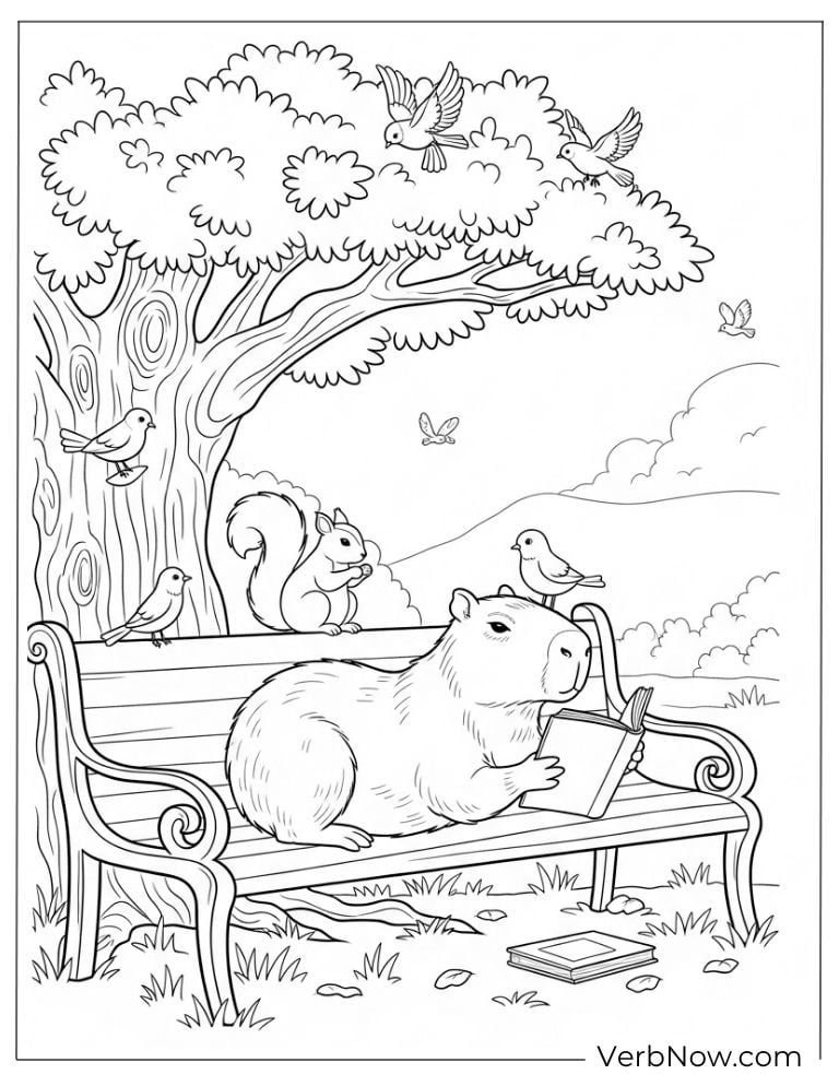 Resting under a tree in this capybara coloring page