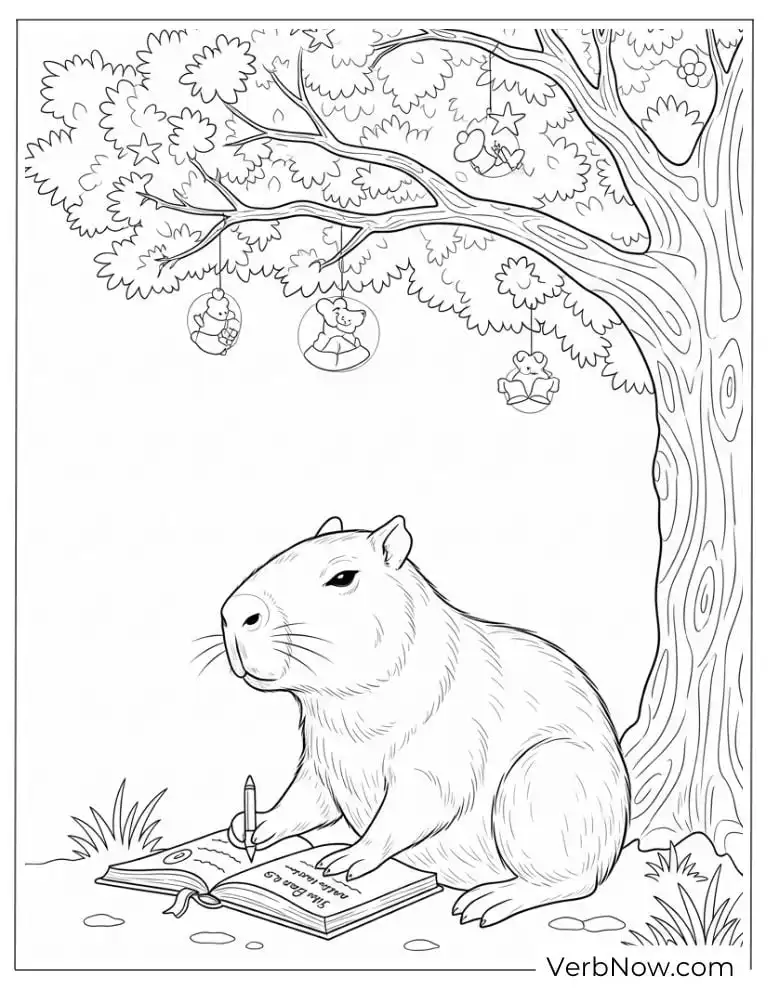 Using a laptop under a tree capybara coloring page.