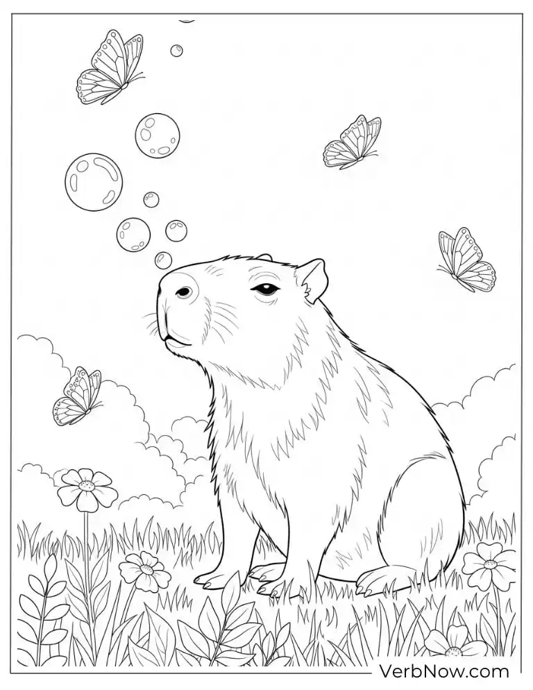 Surroudded by butterflies in a field capybara coloring page.