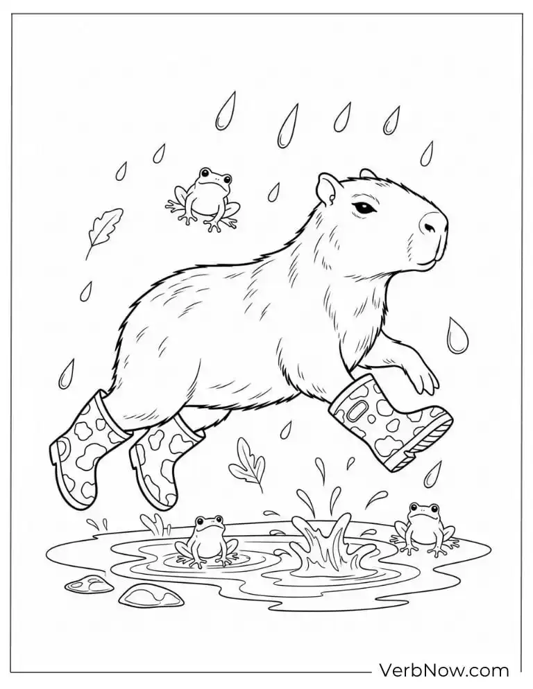 Jumping in the rain capybara coloring page.
