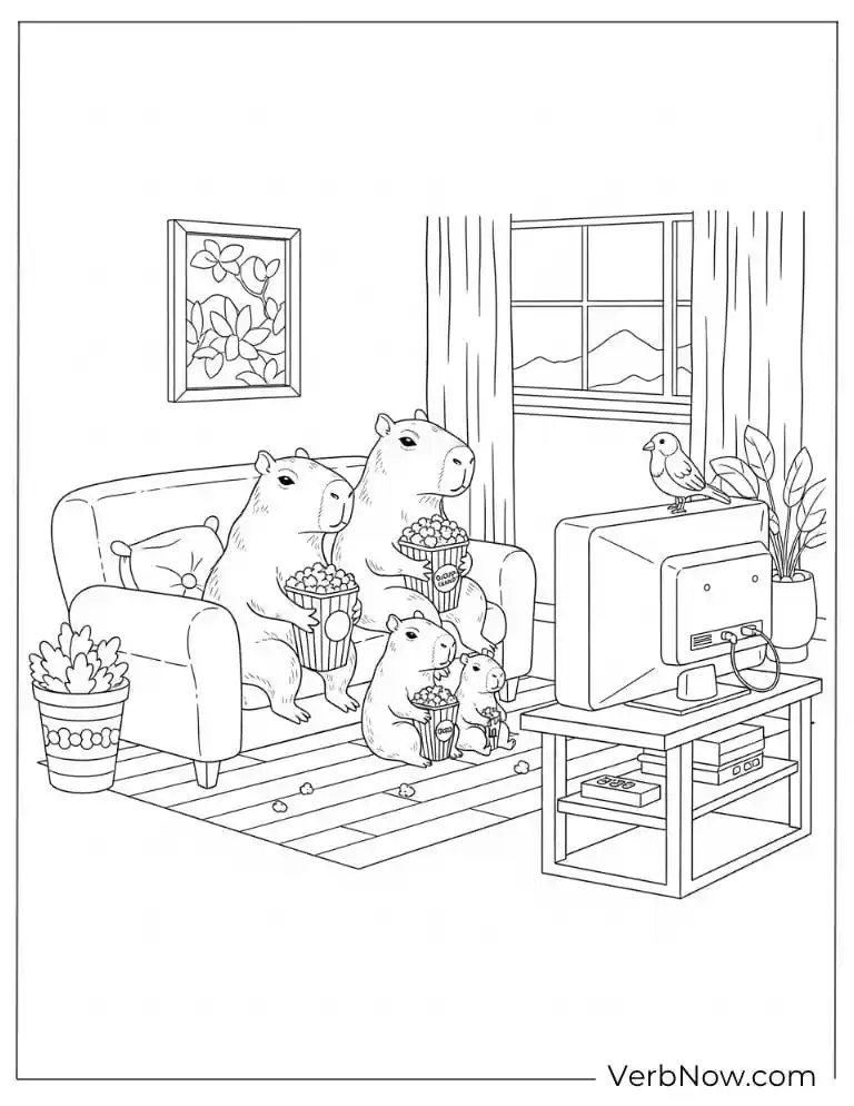 Playing games inside techy capybara coloring page.