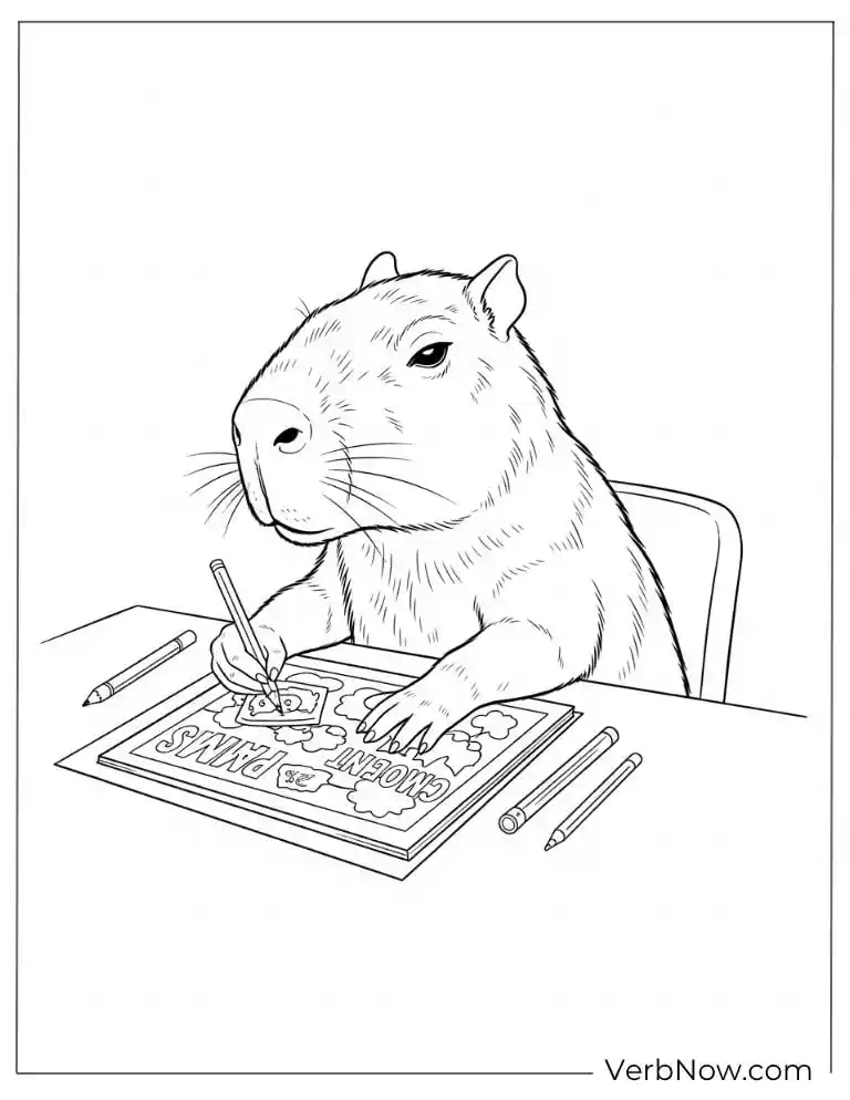 Working at a desk modern capybara coloring page.