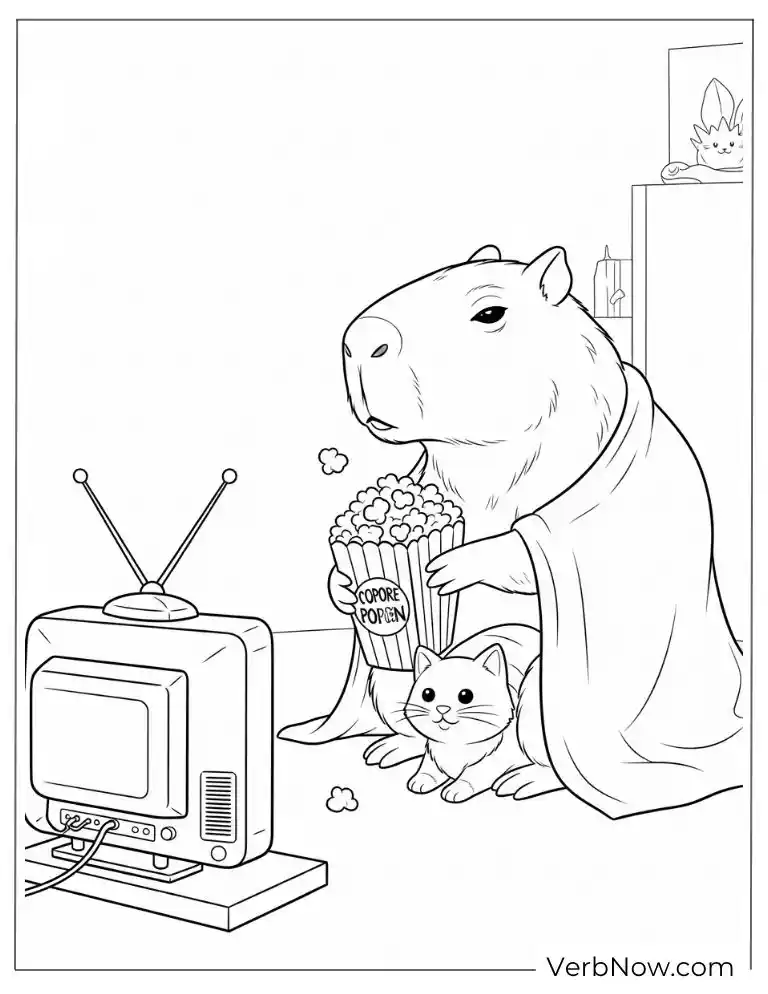 Watching TV with popcorn chill capybara coloring page.