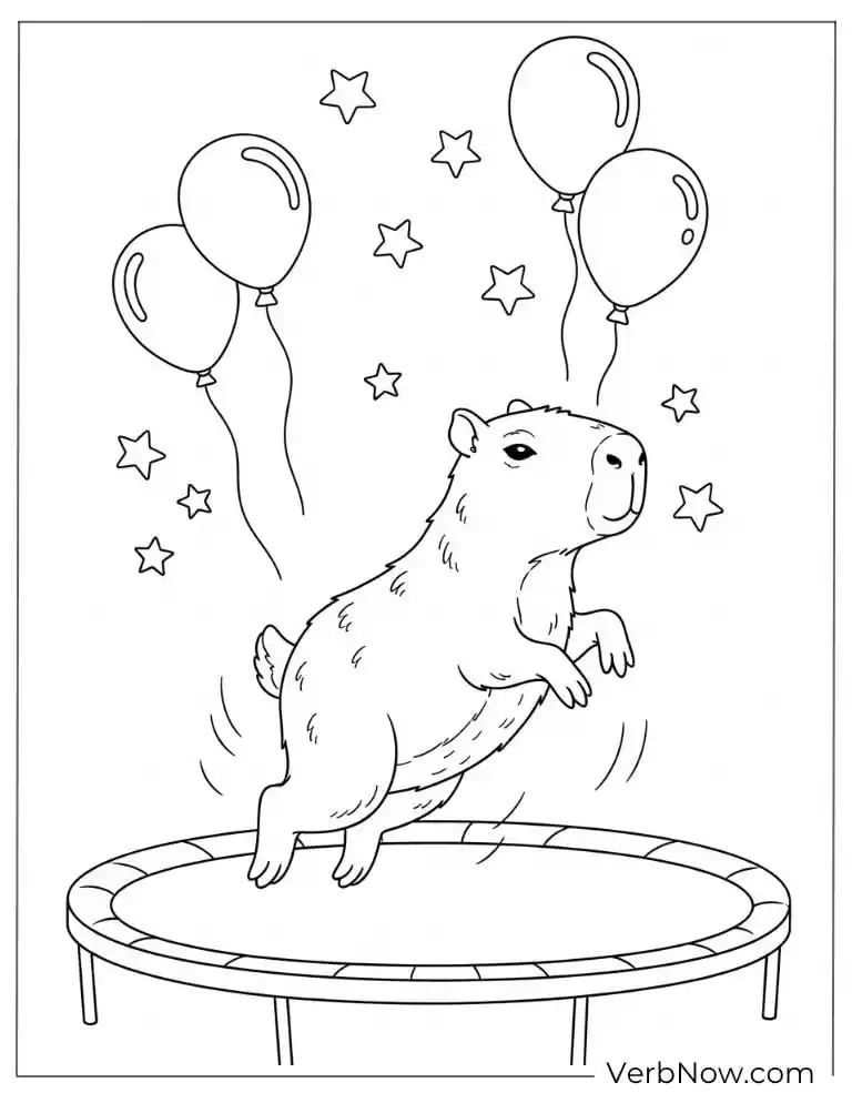 On a trampoline with balloons playful capybara coloring page.