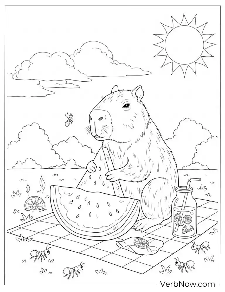 Holding watermelon in a juicy capybara coloring page