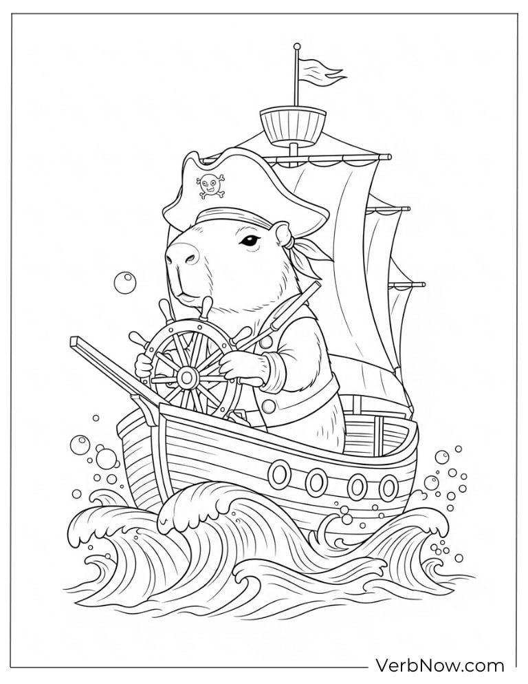 On a pirate ship adventurous capybara coloring page.