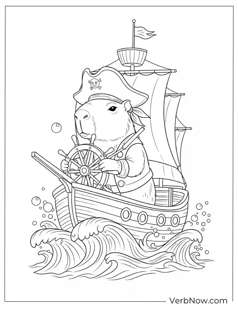 On a pirate ship adventurous capybara coloring page.