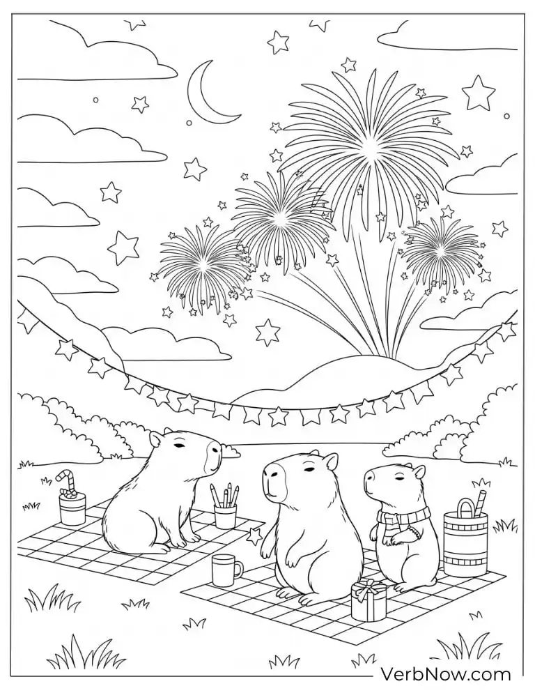 Fireworks show in a festive capybara coloring page.