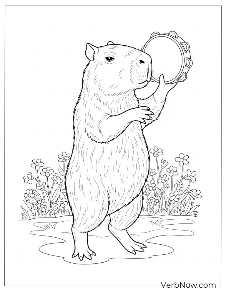 Playing tambourine musical capybara coloring page.