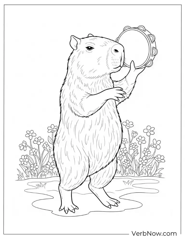 Playing tambourine musical capybara coloring page.