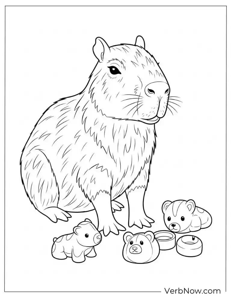 With plush toys in a cute capybara coloring page.