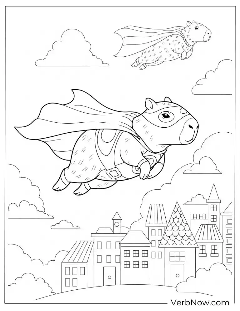 Flying over town superhero capybara coloring page.