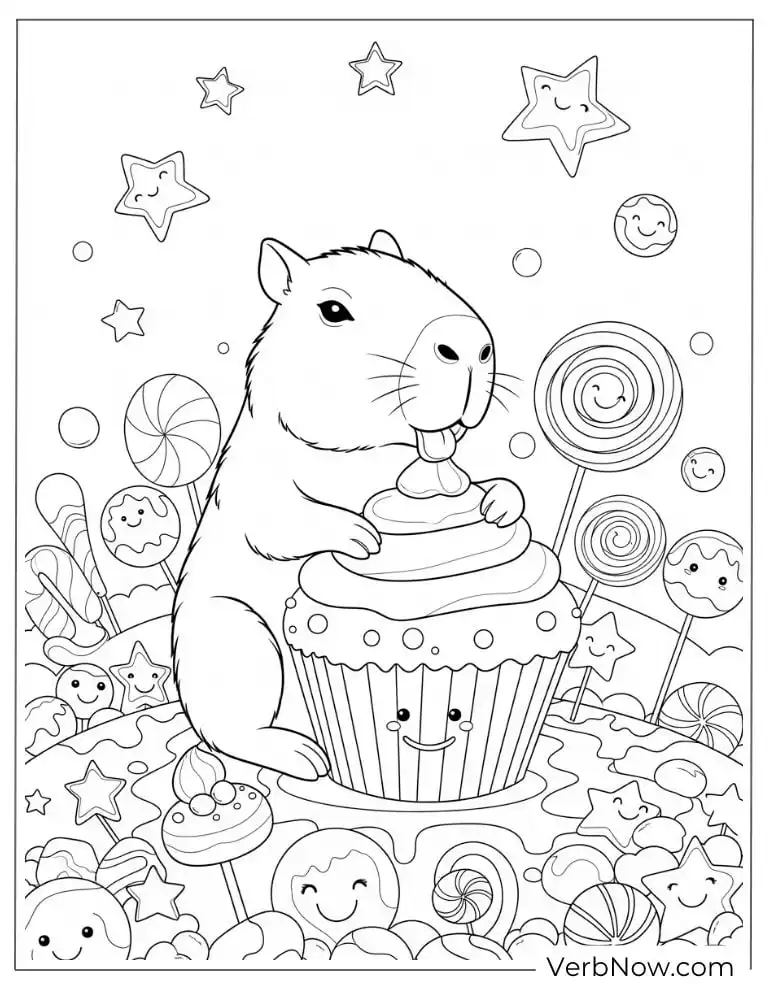 Surrounded by candy in a sweet capybara coloring page