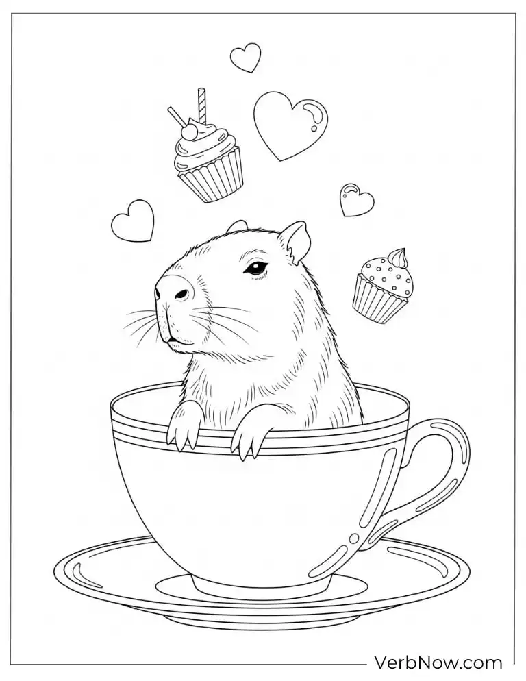 Inside a teacup with cupcakes capybara coloring page