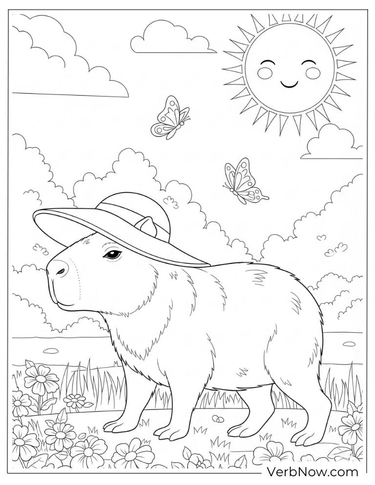 A sun hat tops this stylish capybara coloring page